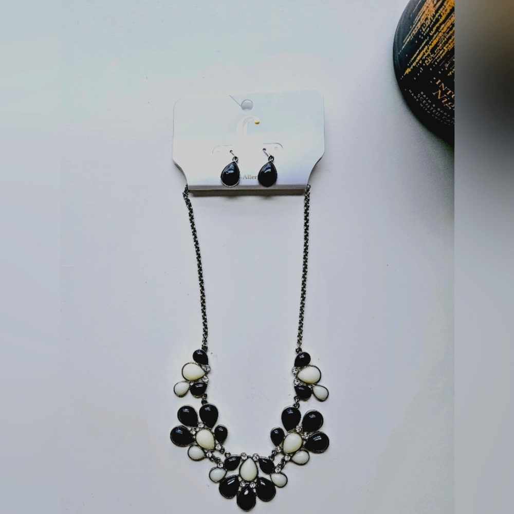 Matching black and white necklace withblack earrings from Charming Charlies